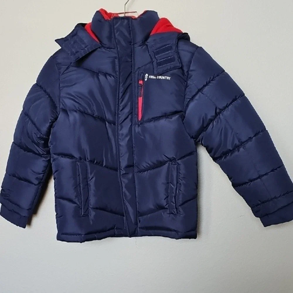 Free Country Boys Navy Blue Fleece Lined Puffer Jacket Detachable Hood Size S 8
